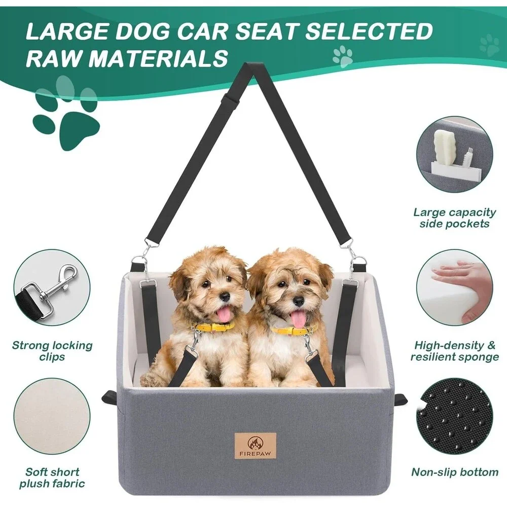 Gray Dog Car Booster Seat for Large Dogs Under 55Lbs Washable w Storage Pockets